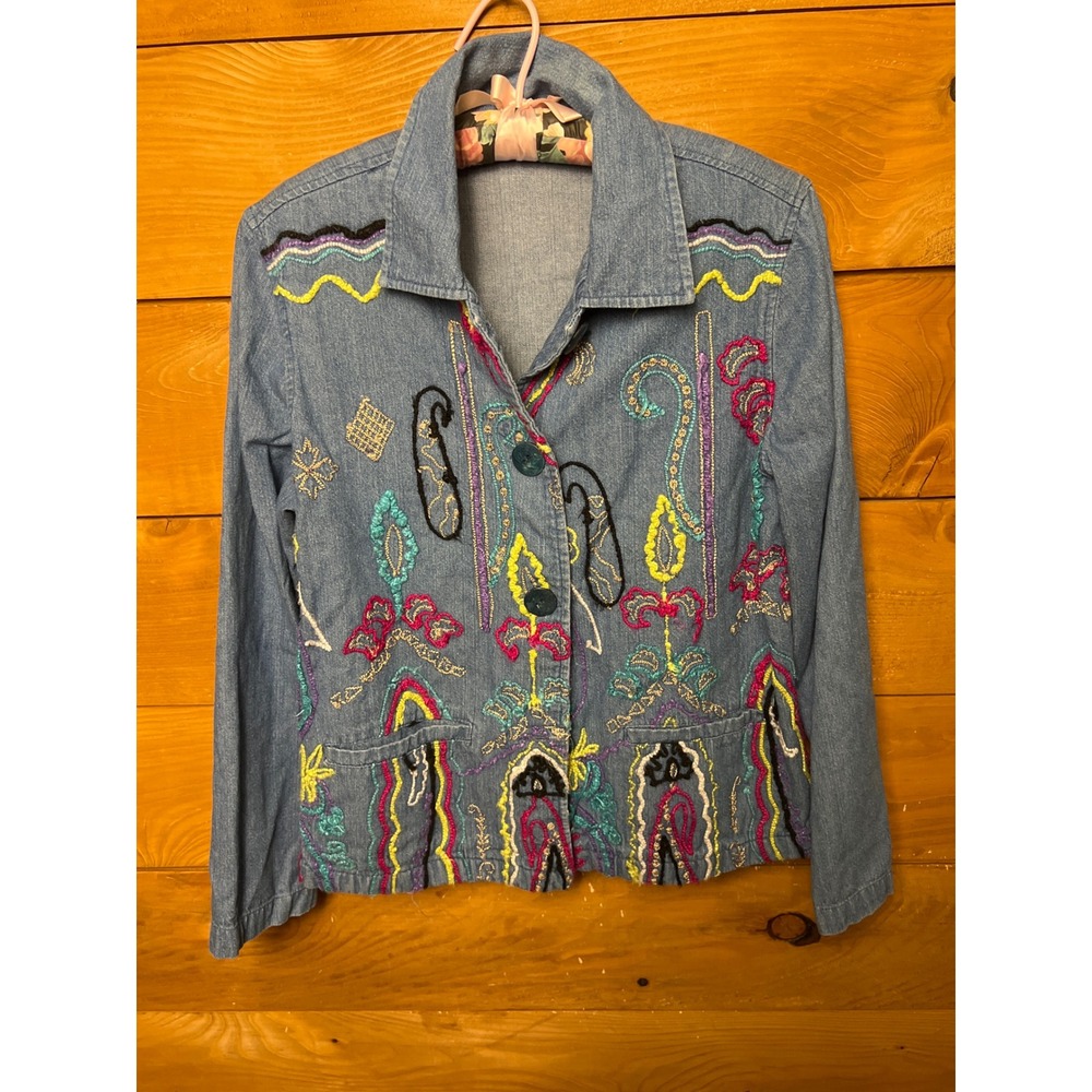 Drapers & Damon's Embroidered Denim‎ Jacket Medium Blue Cotton Paisley Bohemian